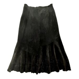 Chicos Black Suede Leather A-Line Skirt Laser Cut Scalloped Hem Size 1 (8) W438